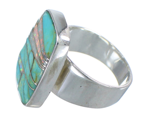 Turquoise And Opal Inlay Sterling Silver Southwestern Ring Size 5 AX83283